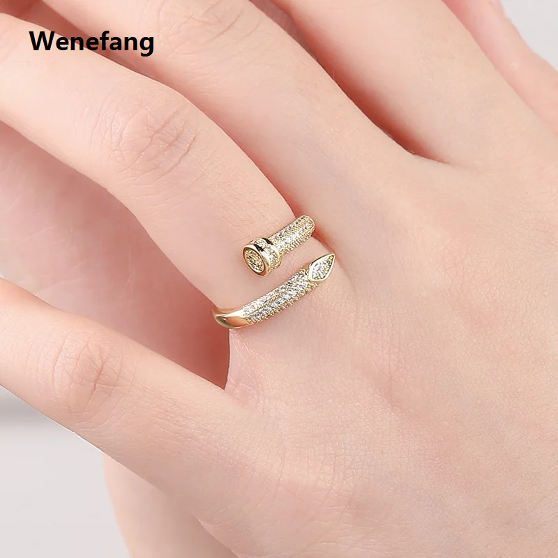 Wenefang Luxurious Wooden Nail Modeling Design Shiny Zircon Gold Silver Color Ring Women's Men Open-Loop Elegant Temperament Accessories