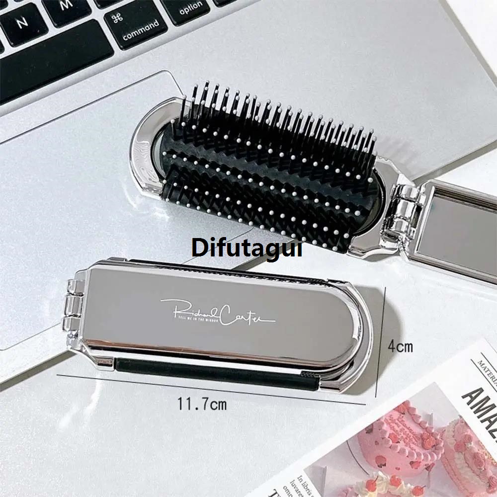 Difutagui DIY Travel Air Cushion Mini Gift Bow 2 in 1 Comb Mirror Luxury Set Cartoon Foldable Hair Brush Anti Static Silver Comb