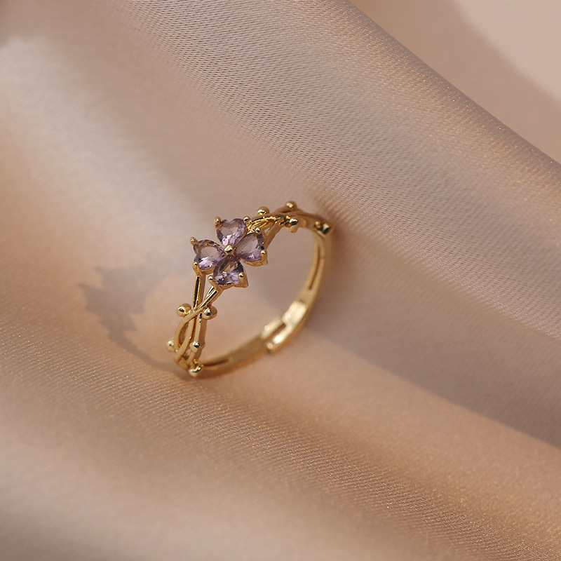 HOT Fashionable French Violet Open-ended Adjustable Ring Micro-inlaid Stainless Steel Light Luxury Simple Wedding Ring