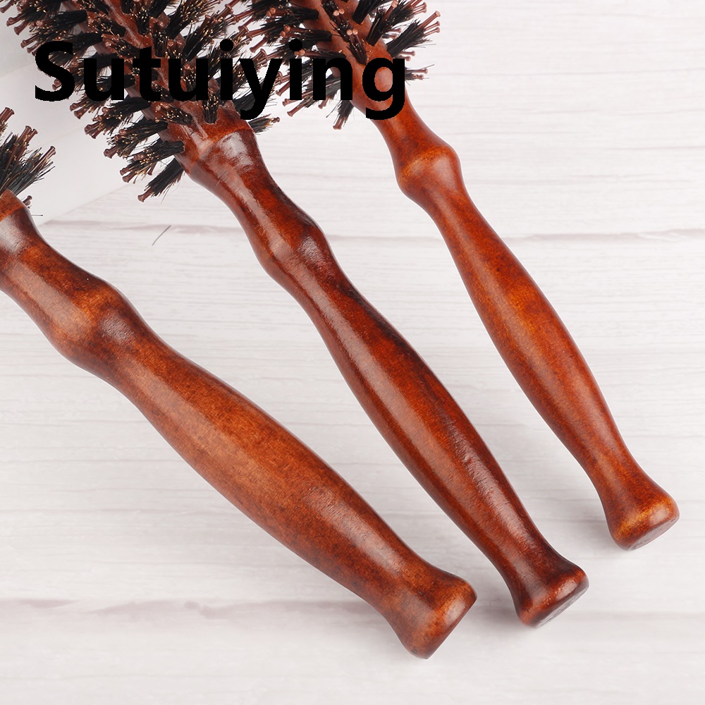 Sutuiying 3 Sizes Natural Boar Bristle Hair Round Brush Wood Handle Round High Quality Barrel Hair Comb Hair Roller Brush Hairdressing Styling Tools