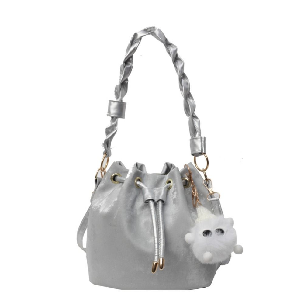 The New Drawstring Tie Bucket Bag Plush Pendant PU Polyester Handbag Japanese and Korean Style Armpit Bag Daily Matching