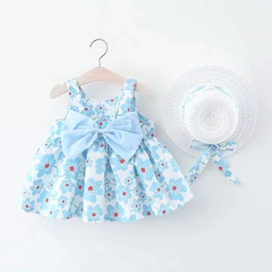 Princess Style Summer Dress and Hat Set for Baby Girls - Sleeveless Korean Cute Print Dress for Daily Wear and Vacation
