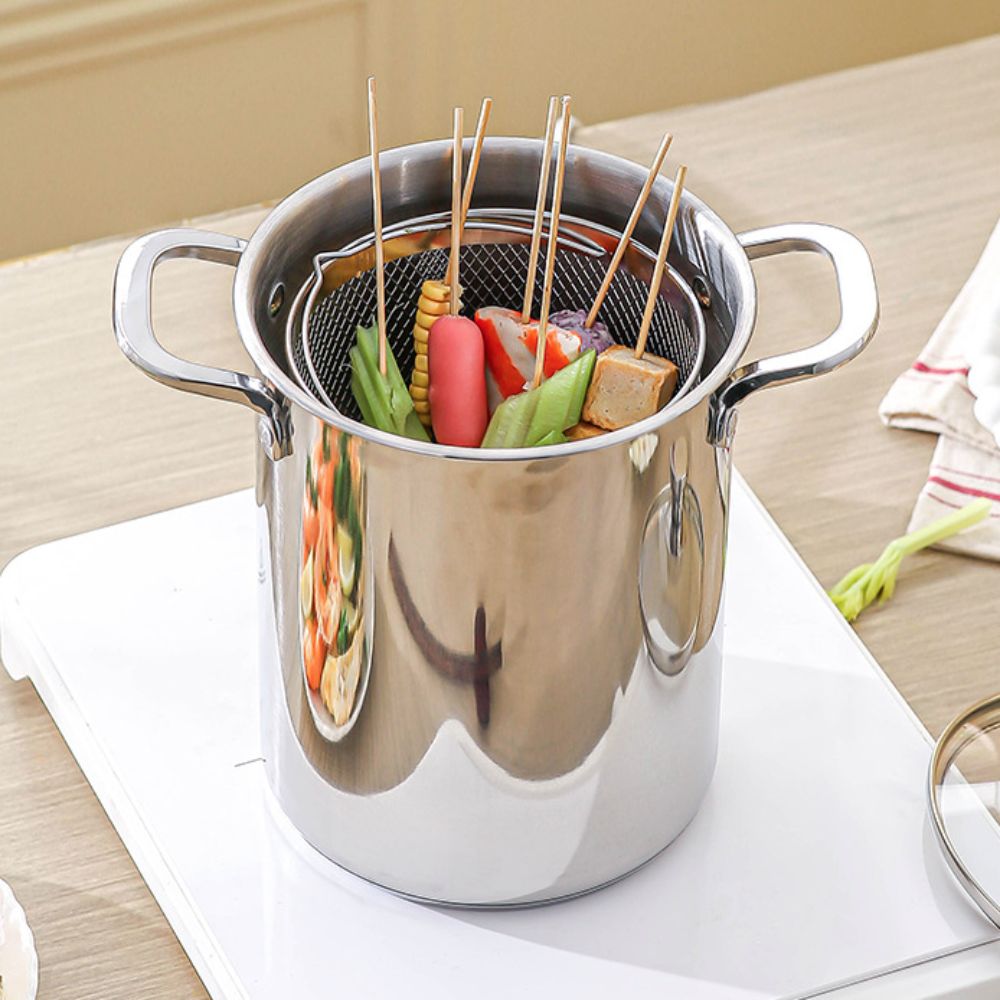 Practical 304 Stainless Steel Deep Fryer Visible Lid Deepened Oil Frying Pot With Basket Oil Storage French Fries