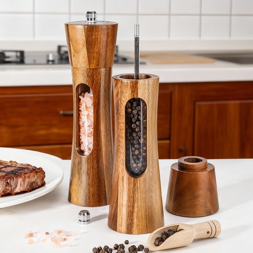 High Quality 8 Inch Pepper Grinder Wood Adjustable Coarseness Spices Grinder Acrylic Durable Cruet for Kitchen