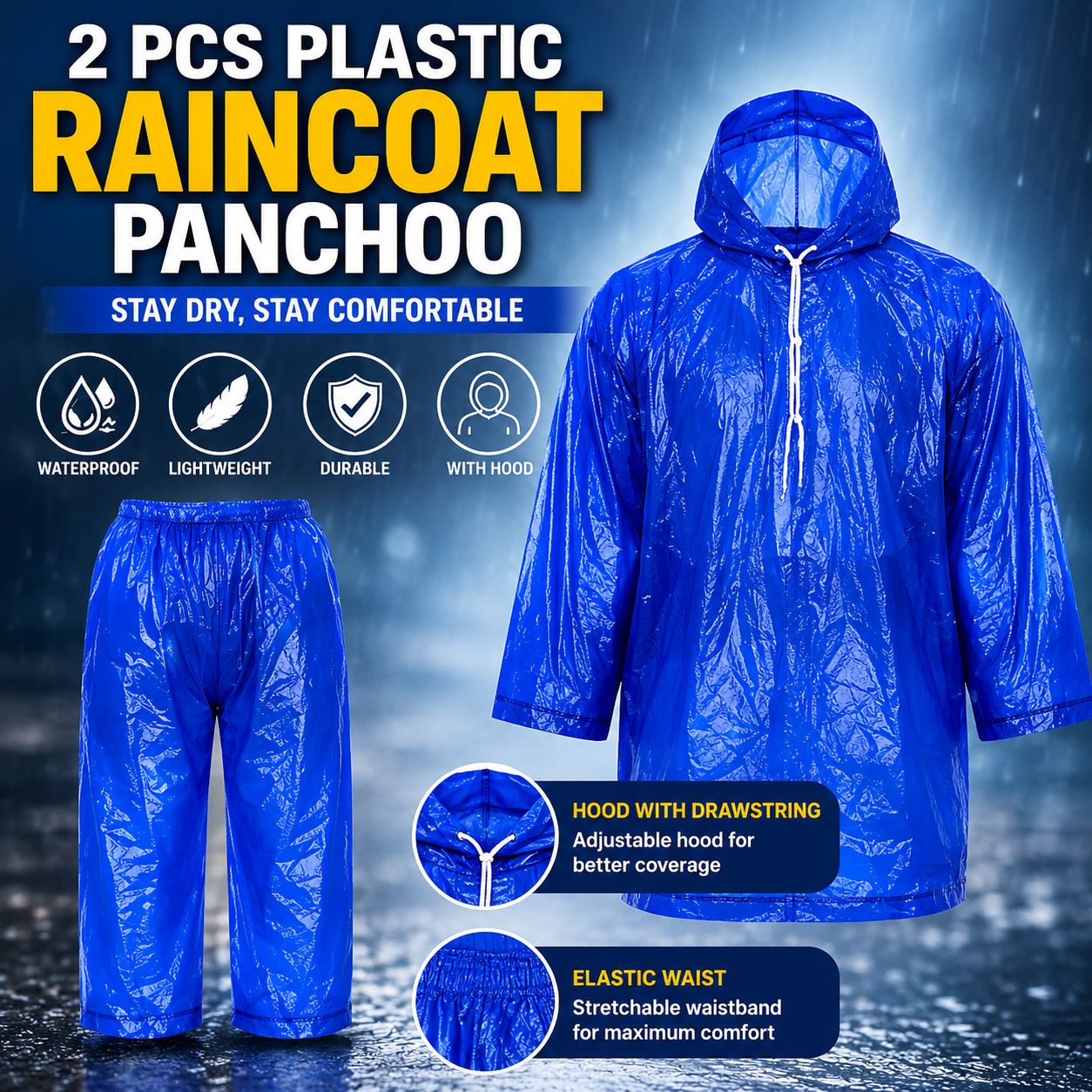 1 Piece Unisex Rain Ponchos Including Drawstring Hood, 100% Waterproof Rainwear, Thick material, Blue