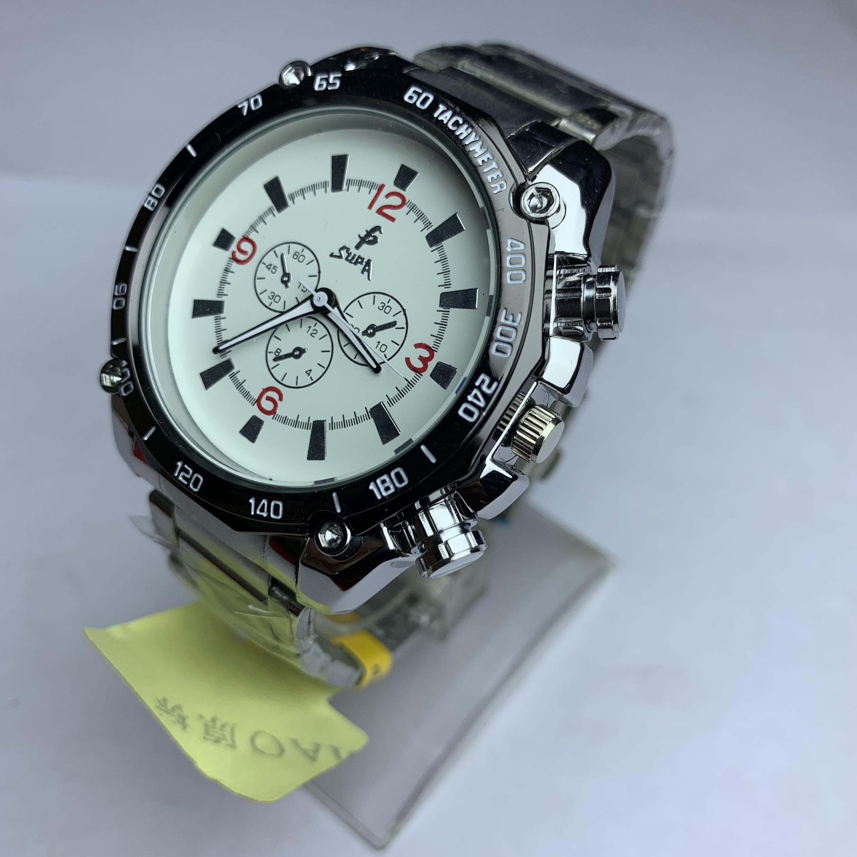 Fashionable Round White 12,3,6,9 Numbering Big Size Dial Stainless Steel Silver Chain Attractive Design Durable Quality Waterproof Watch For Men - Sold By Watch House