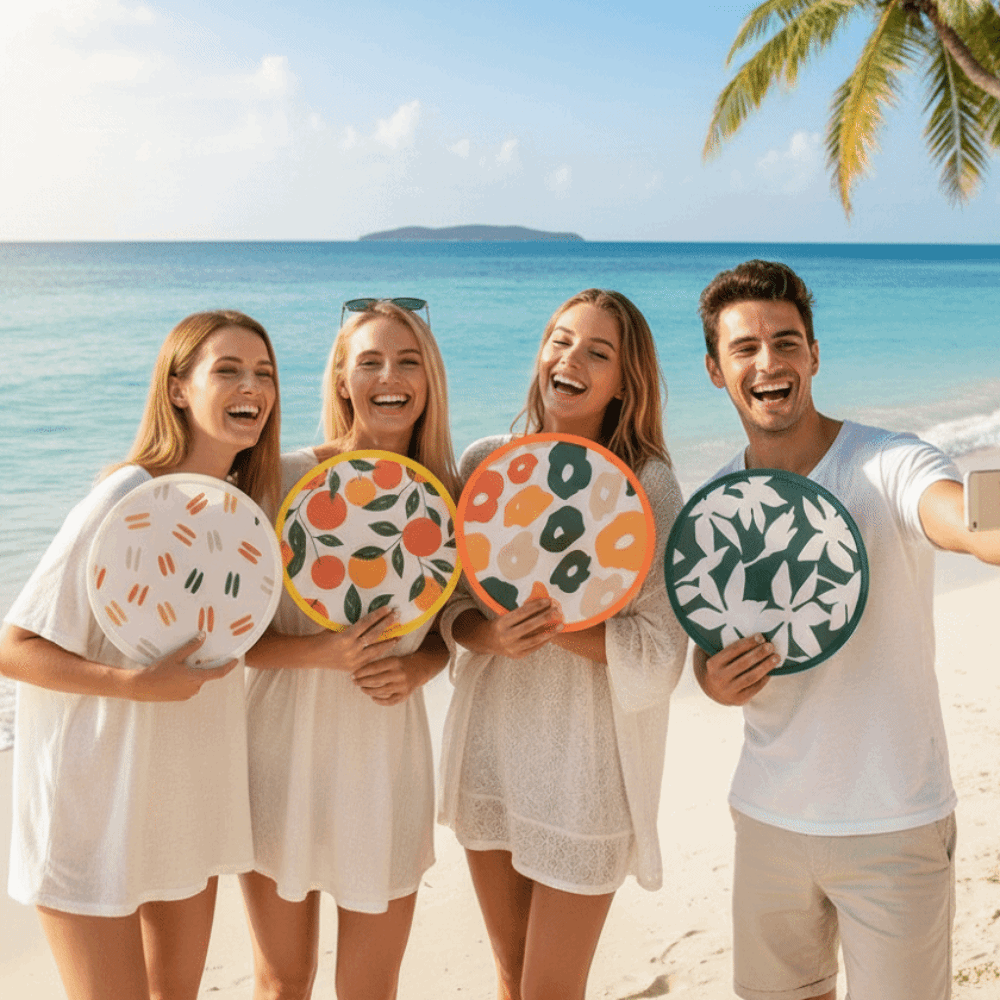Mini Japanese Style Folding Fan Round With Pocket Collapsible Fan Flower Pattern Flying Disk Fan Lawn Parties
