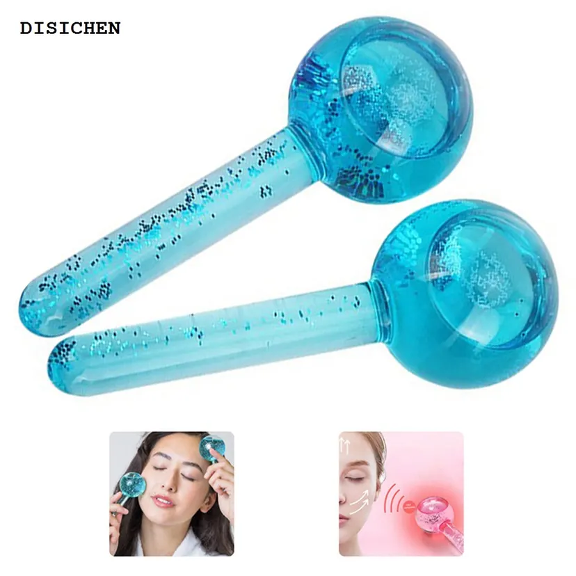 DISICHEN 【2025 Version】 1 Pair Ice Face Roller Massager Comfortable Glass Ice Globe Massage Tools Skin Care Massaging Globes for Personal Care Blue