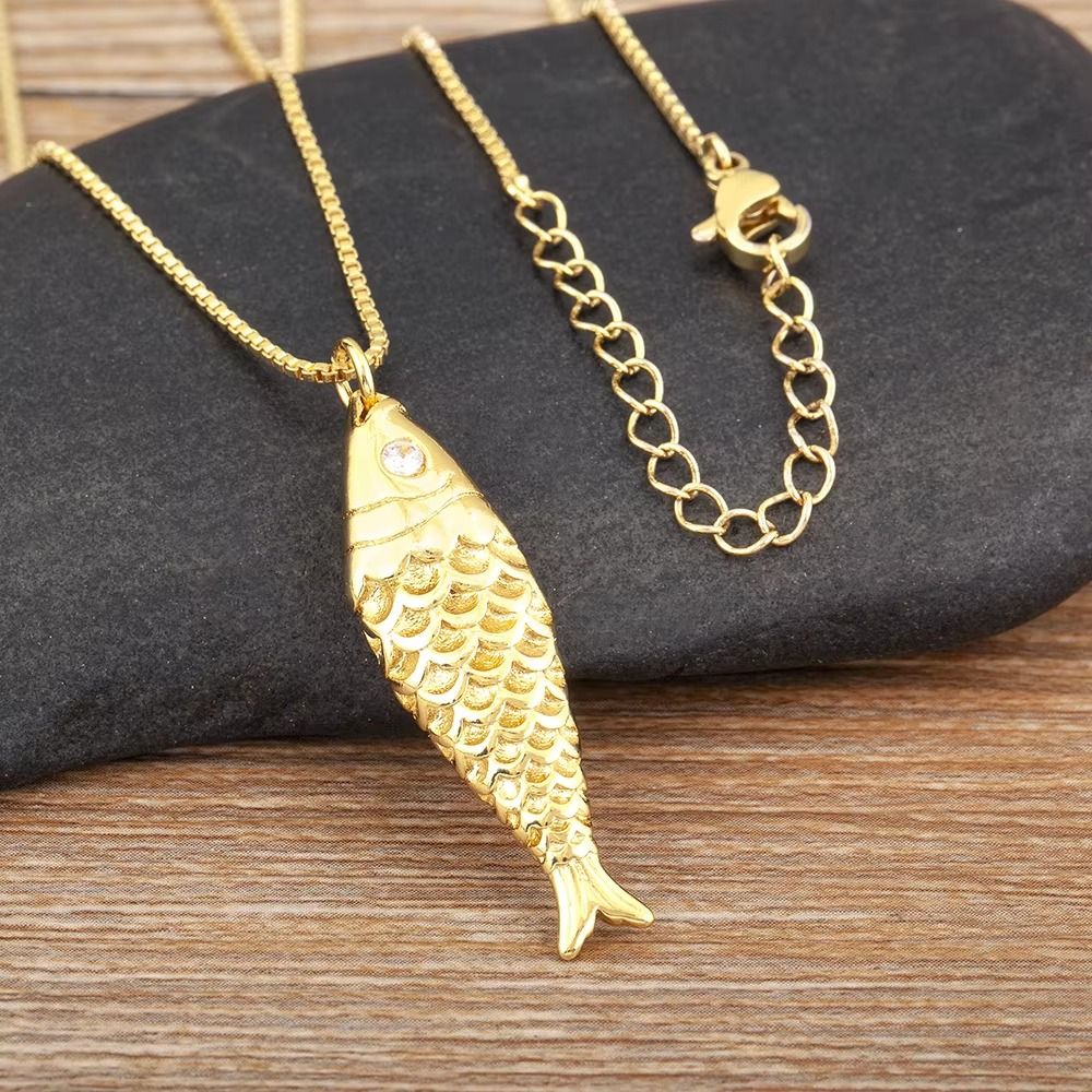 Trendy Fish Shape Shiny Zircon Charm for Women Men Daily Pendant Necklace Fashion Cute Gold Chain Link Jewelry
