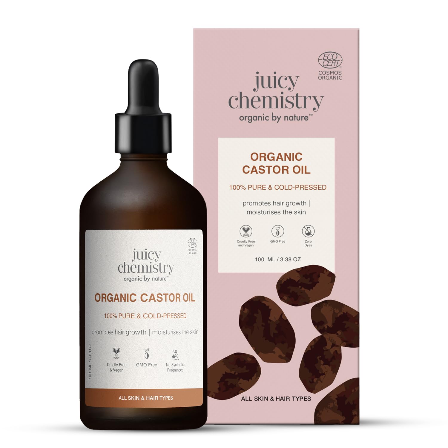 Juicy Chemistry Castor Oil, 30ml |100% Pure, Virgin, Cold Pressed & Certified Organic Carrier Oil |Boost Hair Growth For Thicker, Fuller & Stronger Hair|100% Natural For Eyebrows & Eyelashes Growth