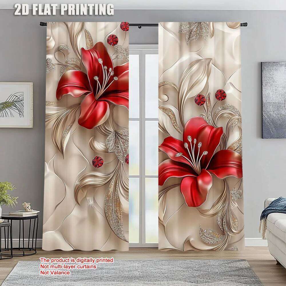 2pcs, spring summer Floral Semi-Sheer Curtains Versatile Polyester All Seasons Ldeal for Bedroom Office Kitchen Living
