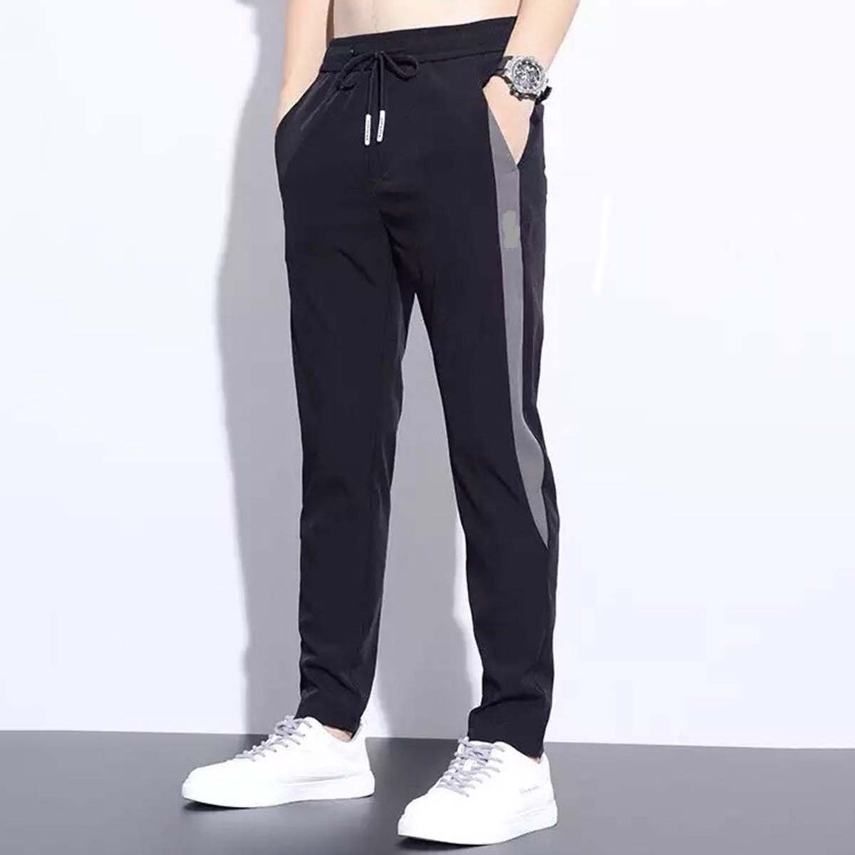 Summer Wrinkle Gray Stripe Stretchable Trouser for Men with Back Zip Pocket Comfortable Wear