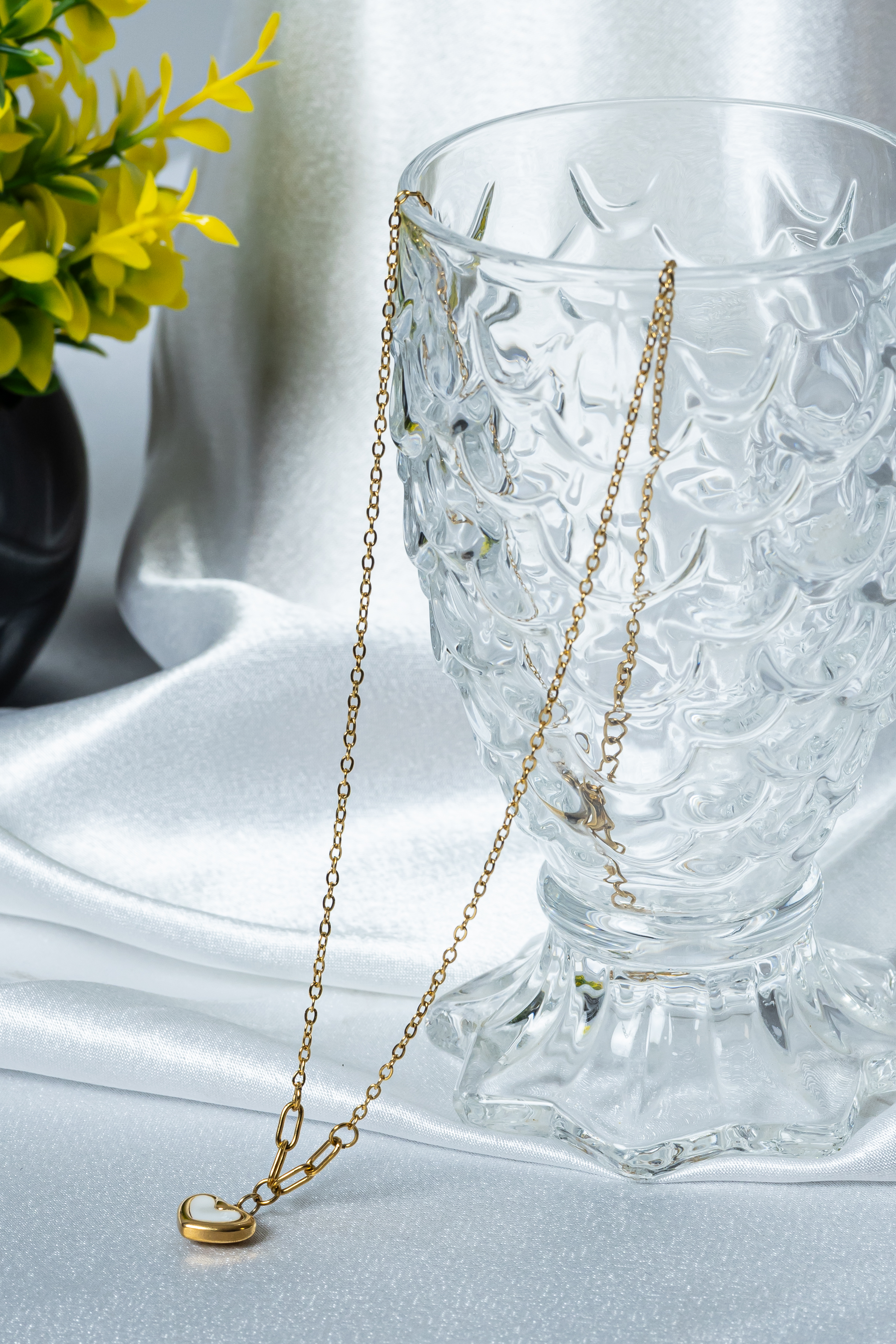 Tara Twinkles Golden Heart Charm Necklace - Stainless Steel White Heart Pendant Chain Jewelry for Women & Girls