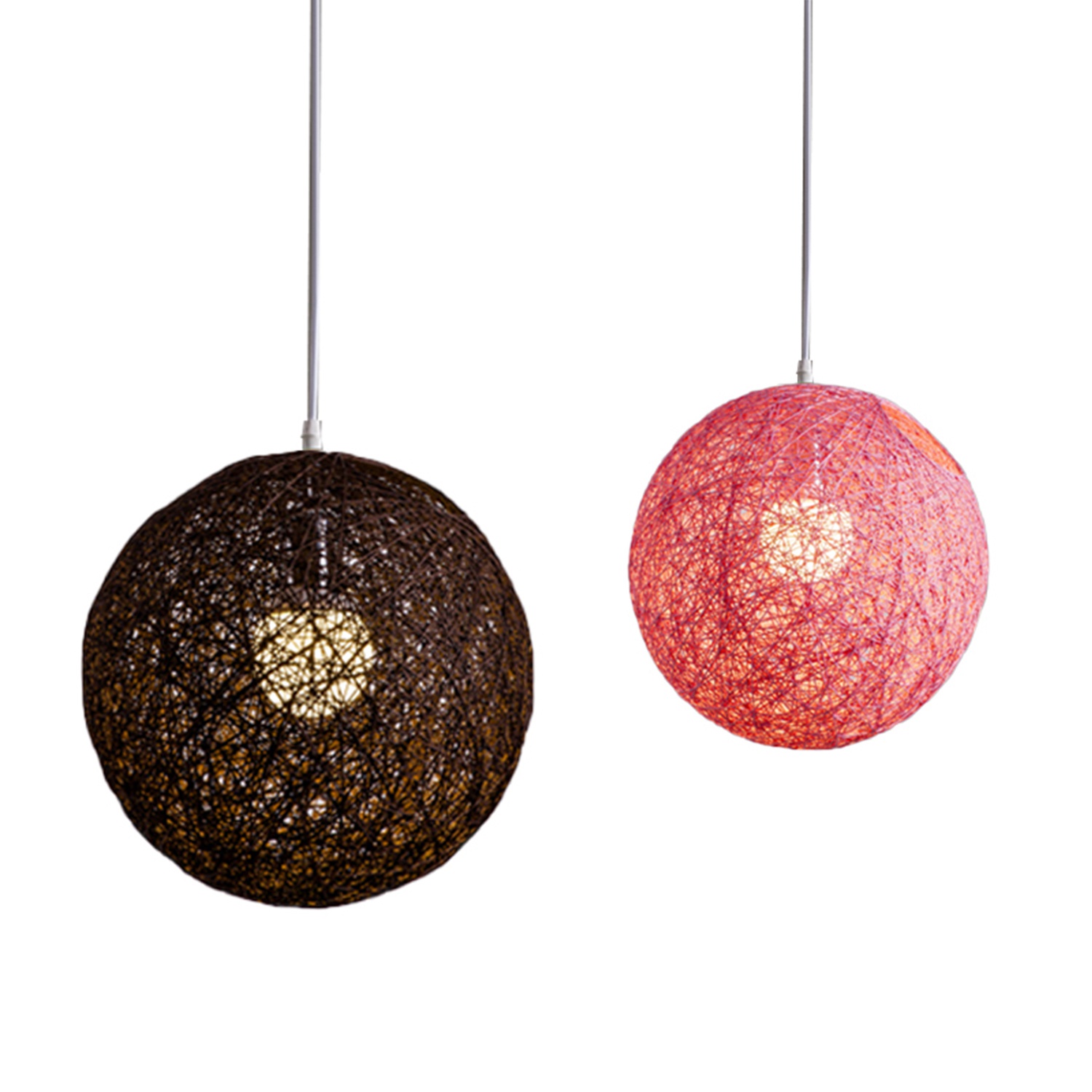 NAMUNY 2 Pcs Bamboo, Rattan and Hemp Ball Chandelier Individual Creativity Spherical Rattan Nest Lampshade - Pink & Coffee
