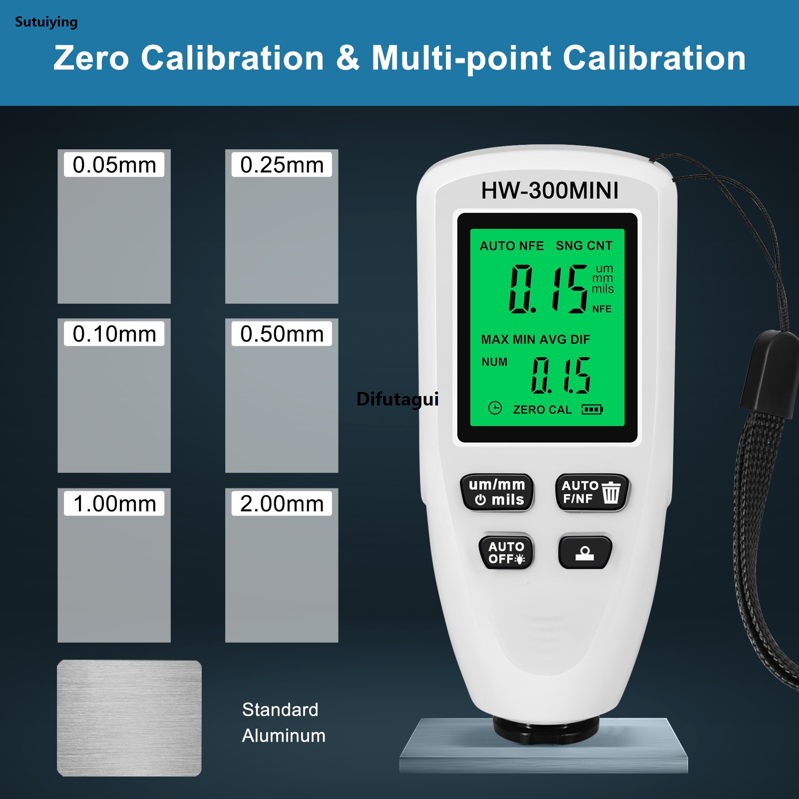 Sutuiying HW300-MINI Coating Thickness Gauge Industrial Anti Slip Paint Thickness Fifty percent discount Gauge for Automotive Film Coating Layer 1Pc White Black