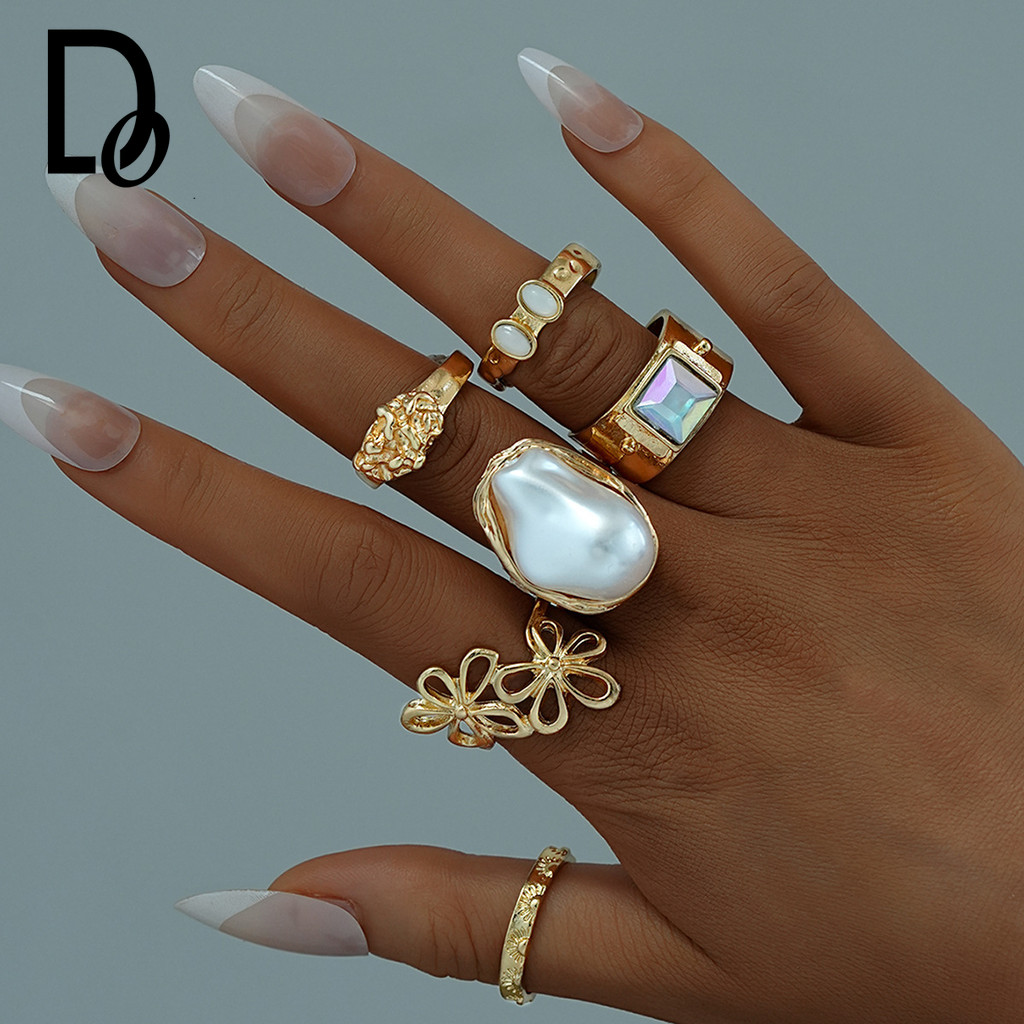 6Pcs/Set New Vintage Gold Exaggerated Baroque Flower Joint Ring Set for Women Trendy Jewelry Accessories Gifts