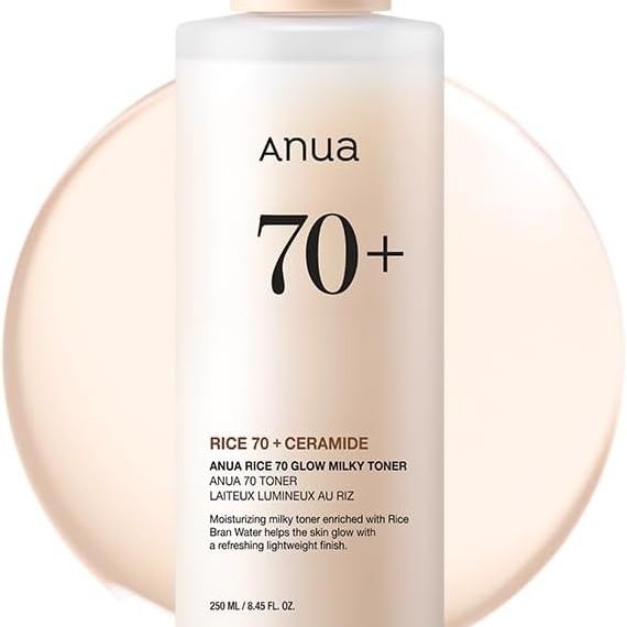 ANUA Rice 70 Glow Milky Toner, for Glass Skin, Rice Water, Niacinamide, Ceramides, Panthenol, Fragrance-Free, Non comedogenic, Fungal Acne Safe, Korean Skin Care, 250ml/8.45fl.oz