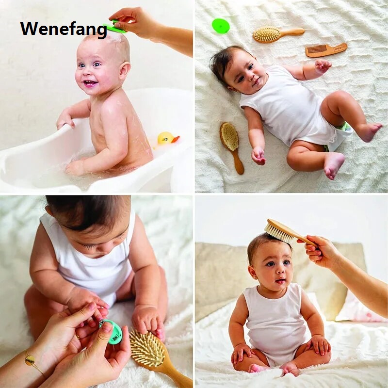 Wenefang 1pc Newborn Baby Hair Brush and Comb Set Wooden Brush Natural Wool Comb Portable Infant Comb Head Massager For Baby Care Product
