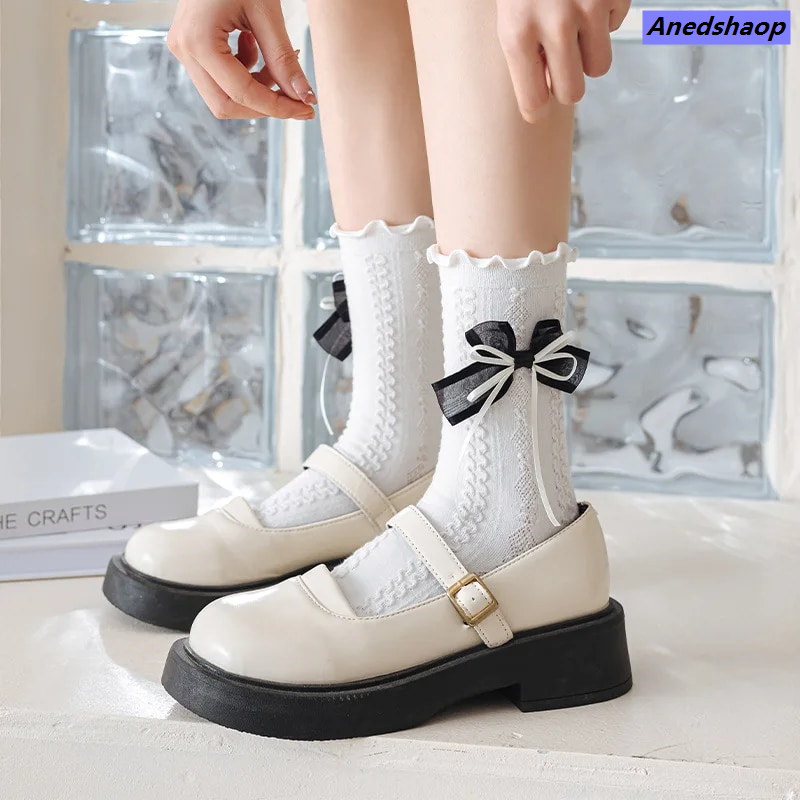 NEW Anedshaop New style Lolita Lace White Socks Women JK Bow Frilly Socks Female Sweet Long Cotton Socks Girls Ankle Dress Calcetine Medias