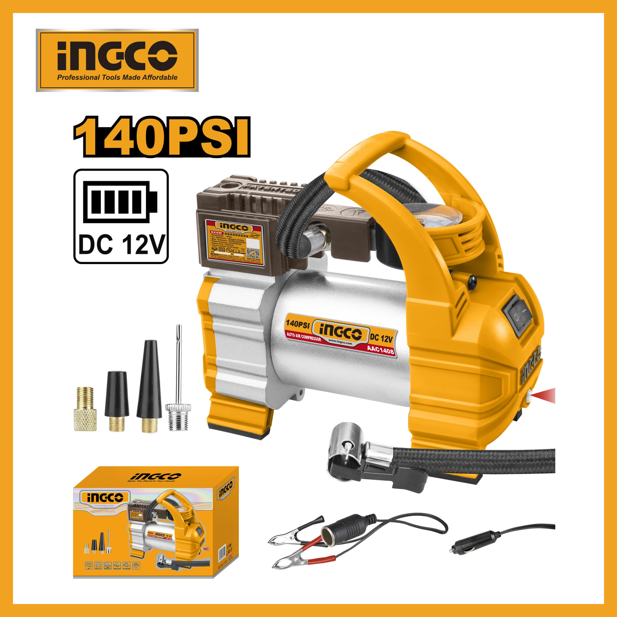 INGCO 12V 140PSI Auto Air Compressor For Motorcycles, Cars, Balloons, Bicycles and Swimming Rings AAC1408
