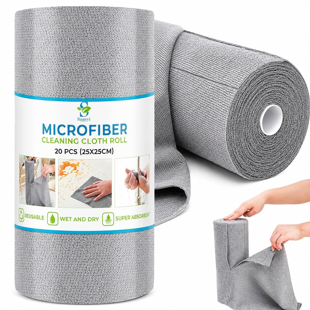 Microfiber Cleaning Cloth Roll (1 Roll - 50 Pcs) - Reusable Grey Tear-Away Microfiber Paper Towels, Super Absorbent Lint-Free Cleaning Cloths for Car Detailing, Kitchen, House, Windows, Glass, Bathroom & Office Cleaning | Products Book