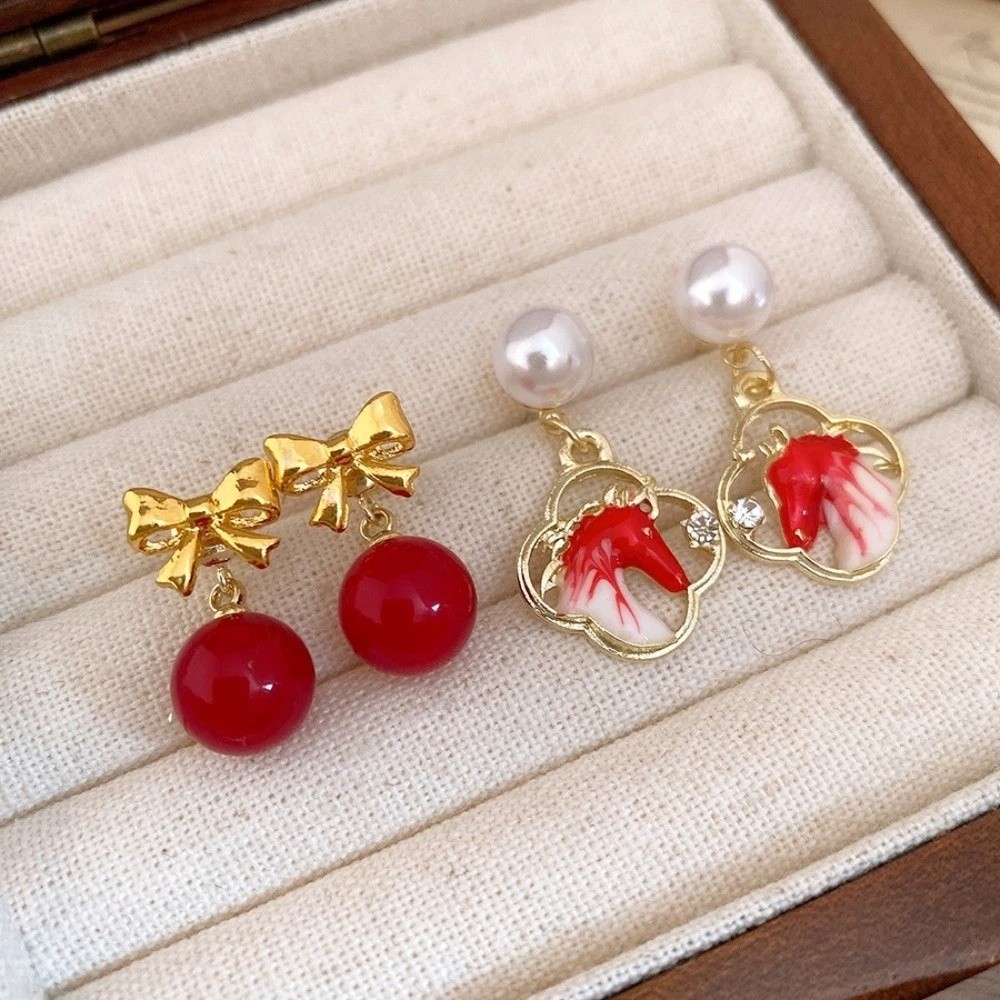 Bow Drop Earrings Bowknot New Year Horse Earrings Chinese Style Fashion Jewelry Red Pony Earrings Ear Decor Cartoon Horse Horse Mascot Drop Earrings Girls