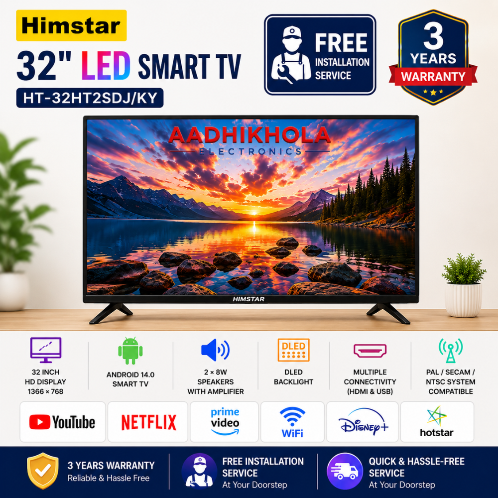 Himstar 32 Inch Full HD Smart LED TV = HT-32HT2SDJ/KY | Wi-Fi & Bluetooth | Android 14 | Frameless Design | Boom Sound | A+ Panel | 1 Year Full + 2 Years Service Warranty