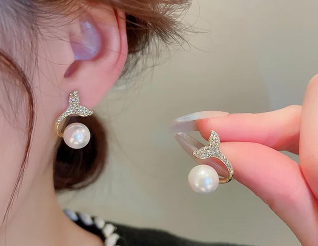Pearl Stone Tail Design Double Ring Stud Earring For Women