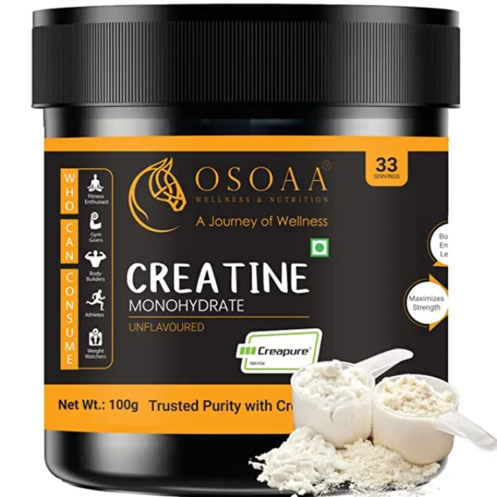 OSOAA Creapure (Germany) 100grm Unflavoured Creatine Monohydrate, Pre Post Workout, Muscle Building Supplement, 33 Serving