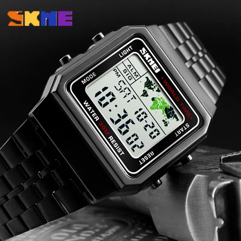 SKMEI 1338 Men's Stainless Steel Countdown Time Zone Waterproof LED Electronic Digital Watch