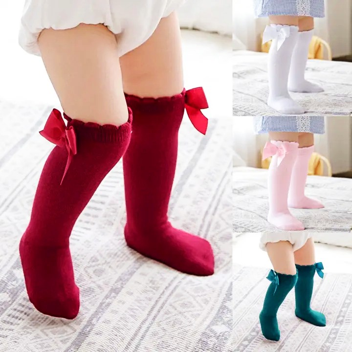 Baby Girls Knee High Socks Infant Bow Stockings Non-Slip Solid Socks Kids Mid-Calf Length Princess Sock
