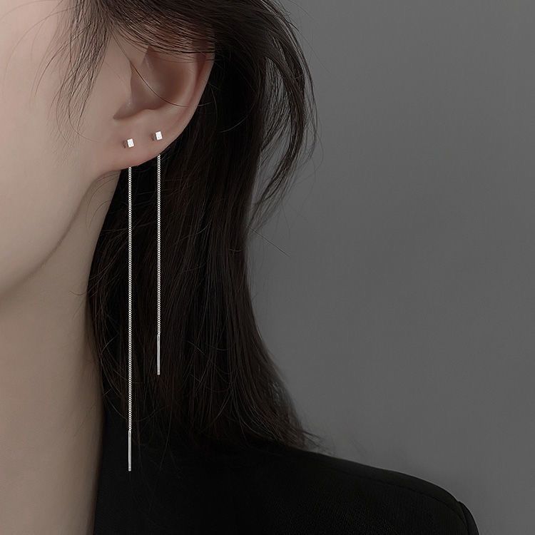 Small Square Block Internet Celebrity Simple Ear Thread for Women 2025 New Year's New Style Elegant Long Cold Style Double Ear Piercing Earrings