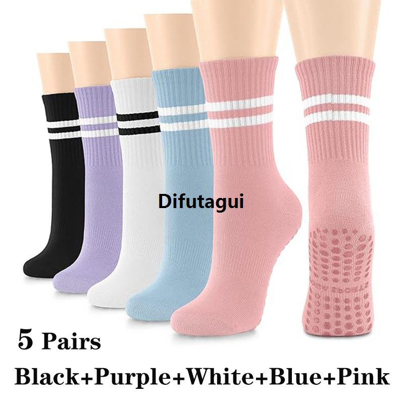 Difutagui 5 Pairs Pilates Socks for Women Yoga Socks Pure Cotton Non Slip Silicone Fashion Grips Indoor Sport Fitness Pilates Yoga Gym Dance Socks