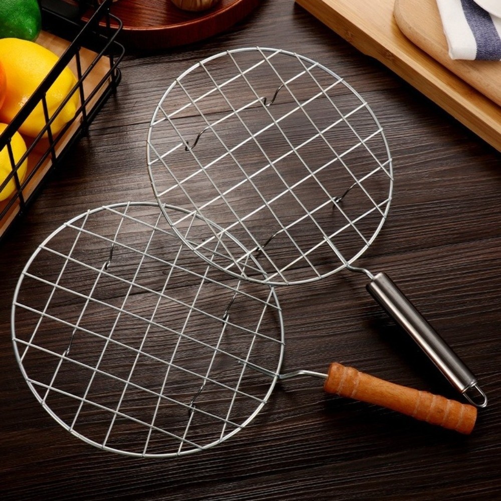 Portable Stainless Steel BBQ Grill Net Round with Handle BBQ Mesh Non-Stick Multi-functional Cooking Racks Camping