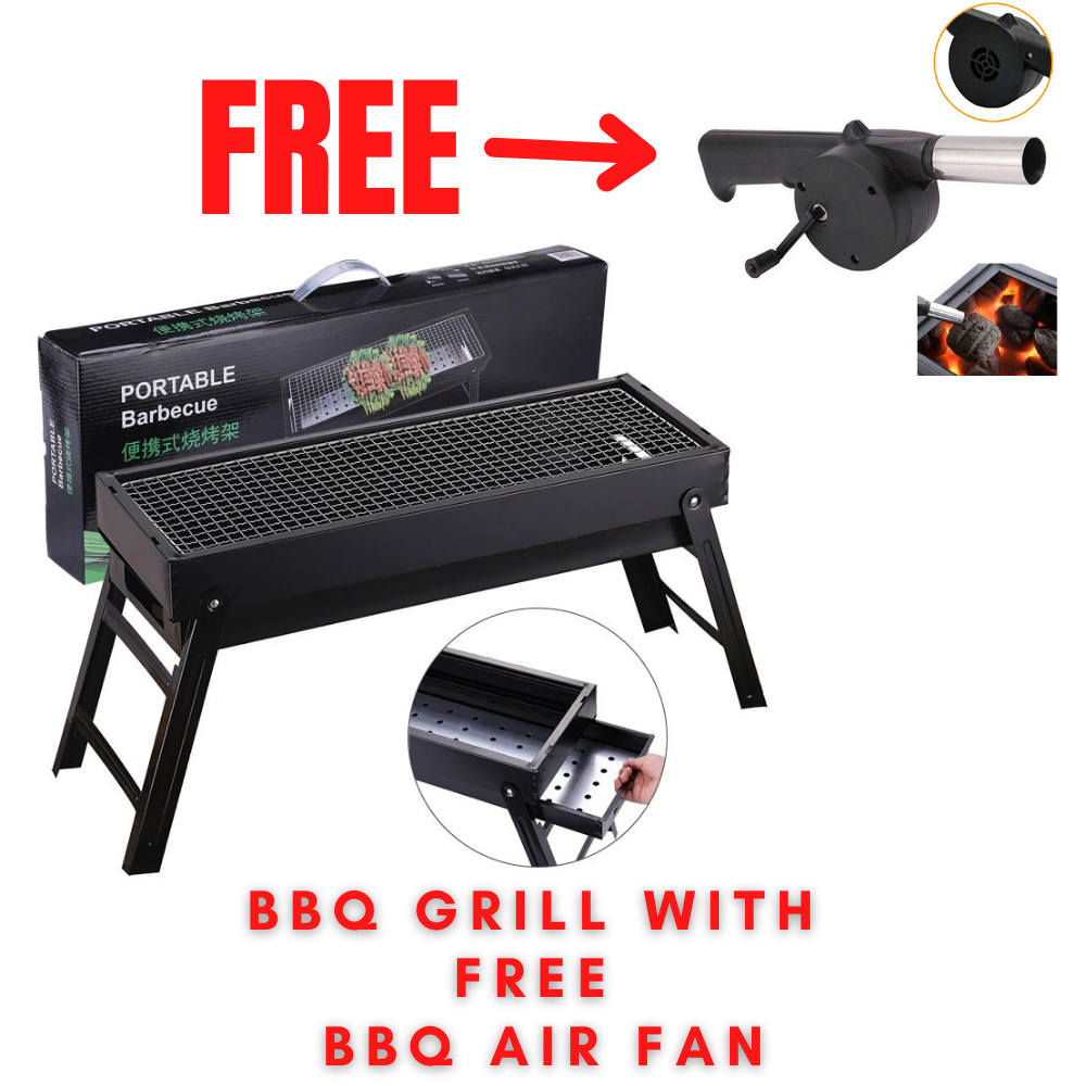 Portable Long Stainless Steel Foldable Charcoal Barbecue Grill with Free BBQ Grill Fan Air Blower