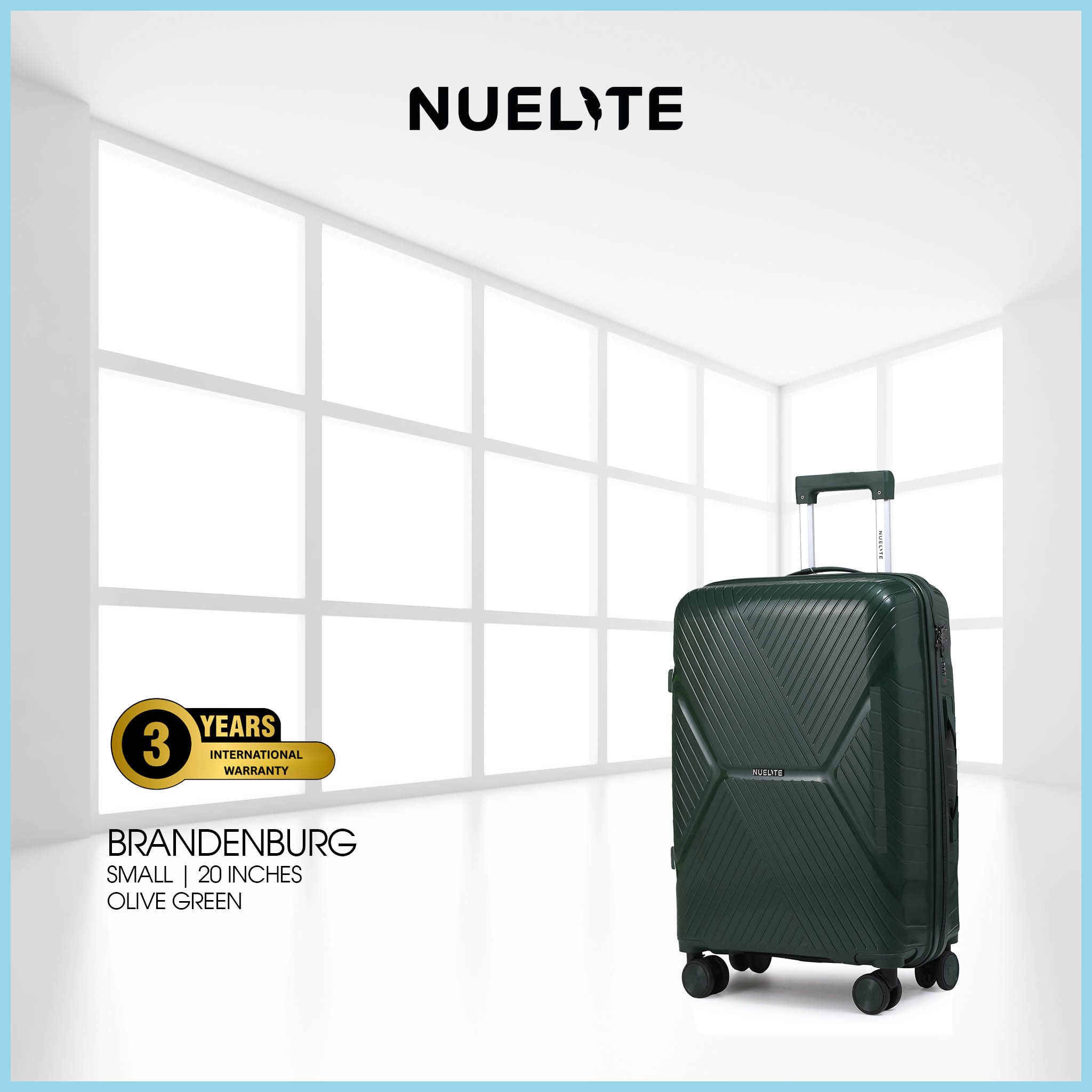 NUELITE 20-Inch Luggage BRANDENBURG | 8 Wheel Spinner Trolley Bag | Anti-Theft Zipper Integrated Lock Extra Security | Unbreakable Hard Shell Carry-on Suitcase Luggage