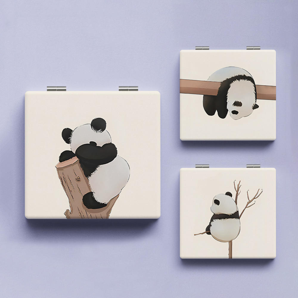Cute Mini makeup mirror Lightweight Mini-sized High-definition Mini mirror Portable Panda patterned Square folding mirror for