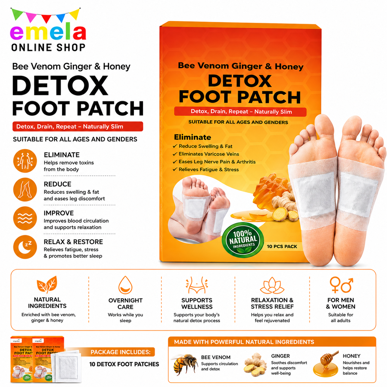 Bee Venom Detox Foot Patches for Feet (1 Pack x 10 Patches) | Relaxation & Stress Relief Foot Patches | Overnight Foot Care Patches for Better Sleep | For Men & Women