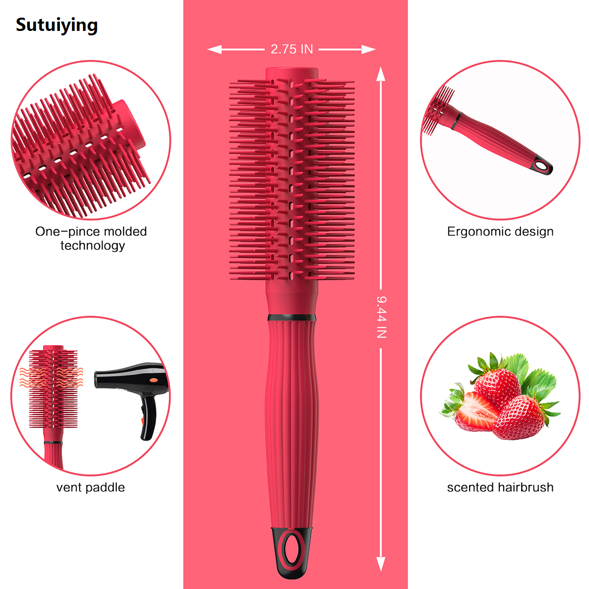 Sutuiying 1Piece Round Hair Brush for Blow Drying Styling Large Long New Barrel Strawberry Scented TPEE Plastic Bristles Ionic Tech
