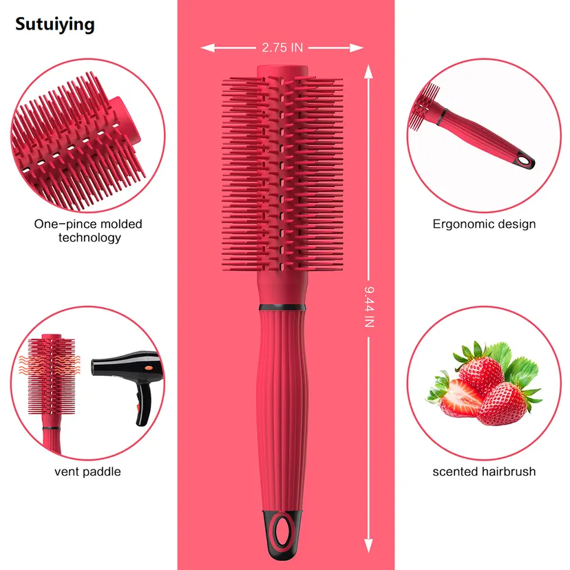 Sutuiying 1Piece Round Hair Brush for Blow Drying Styling Large Long New Barrel Strawberry Scented TPEE Plastic Bristles Ionic Tech