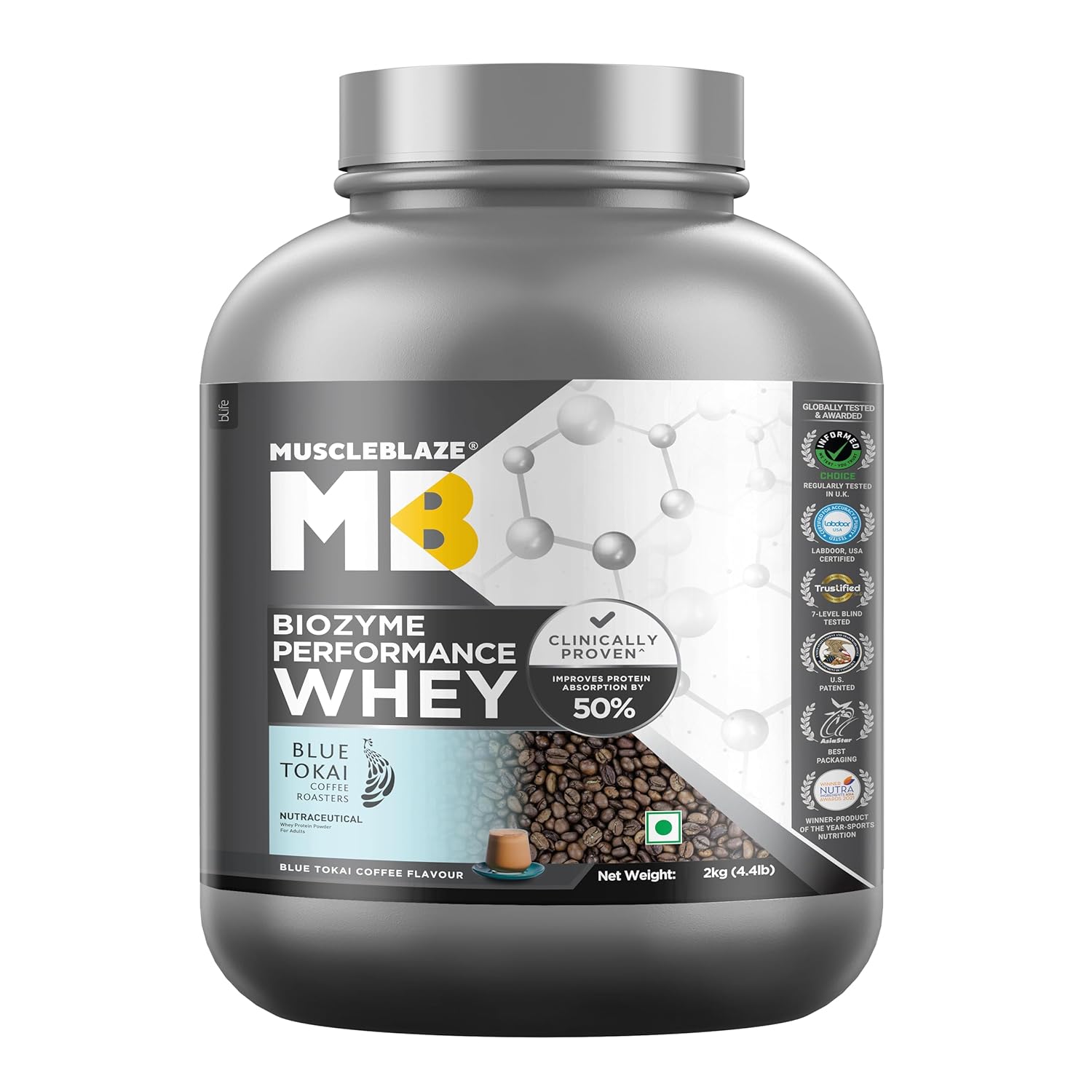 MuscleBlaze Biozyme Performance Whey Protein 2kg Chocolate Flavor Labdoor USA Certified with 25g Protein 11.75g EAA 5.5G BCAA 4.4G Glutamine