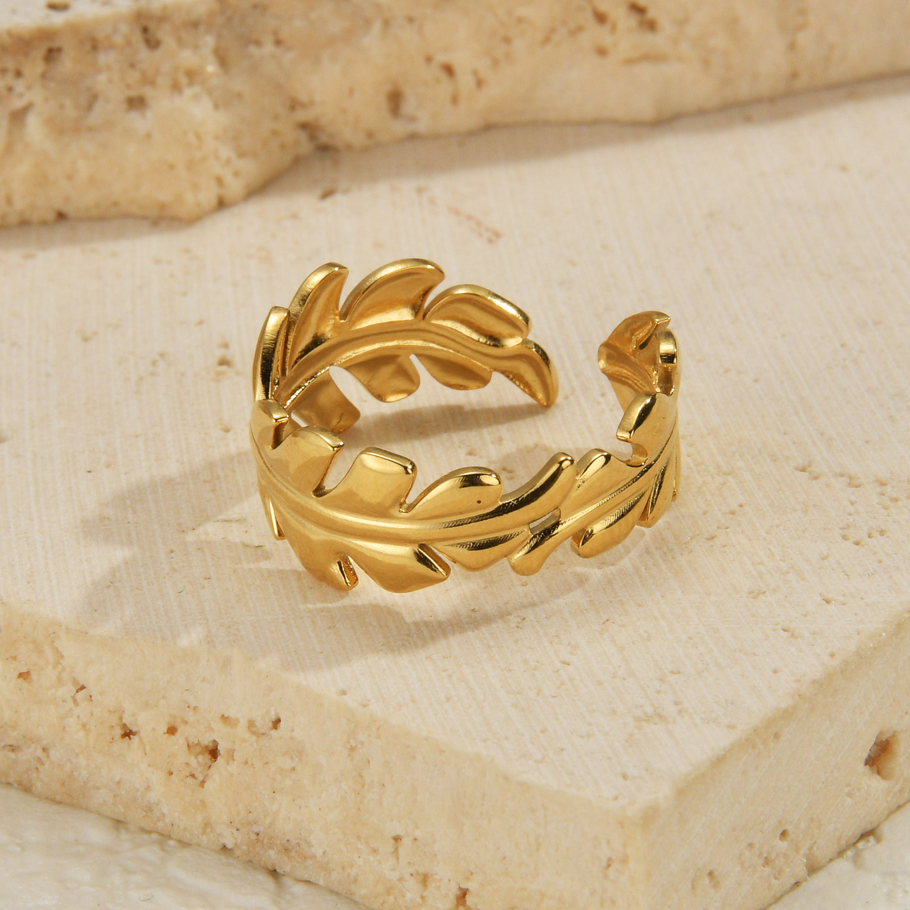 【Special offer】INS Wind Titanium Steel Ring Adjustable Niche Design 14K Gold Stainless Steel Leaf Ring for Women