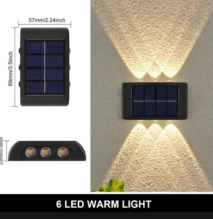 6 LED Solar Light Outdoor Garden Wall Lamp - Waterproof Dual Mode (Dim & Bright) - 2 PCS