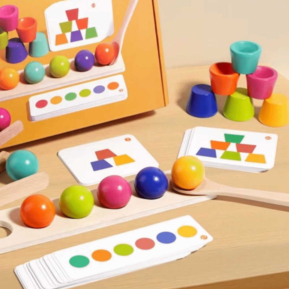 Educational Toys Creative Montessori Color-matching Ball Toys Clip Colored Ball Children's Building Block Toy Spoon Geometric Shape Wooden Color Matching Game Early Education