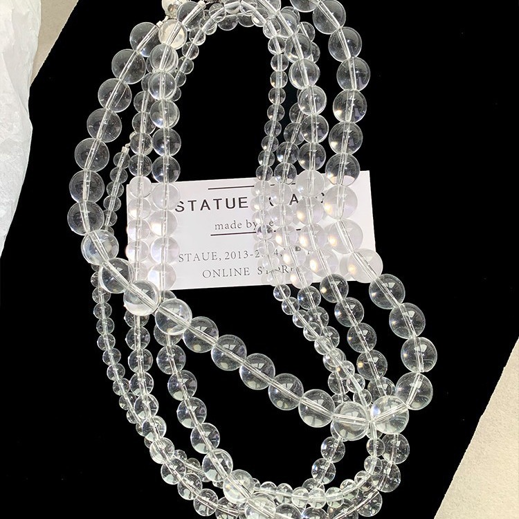 【Top Picks】Natural Transparent White Crystal Necklace Women 2024 New Beaded Light Luxury Summer Clavicle Chain Round Bead Magnetic Sticking Neck Chain