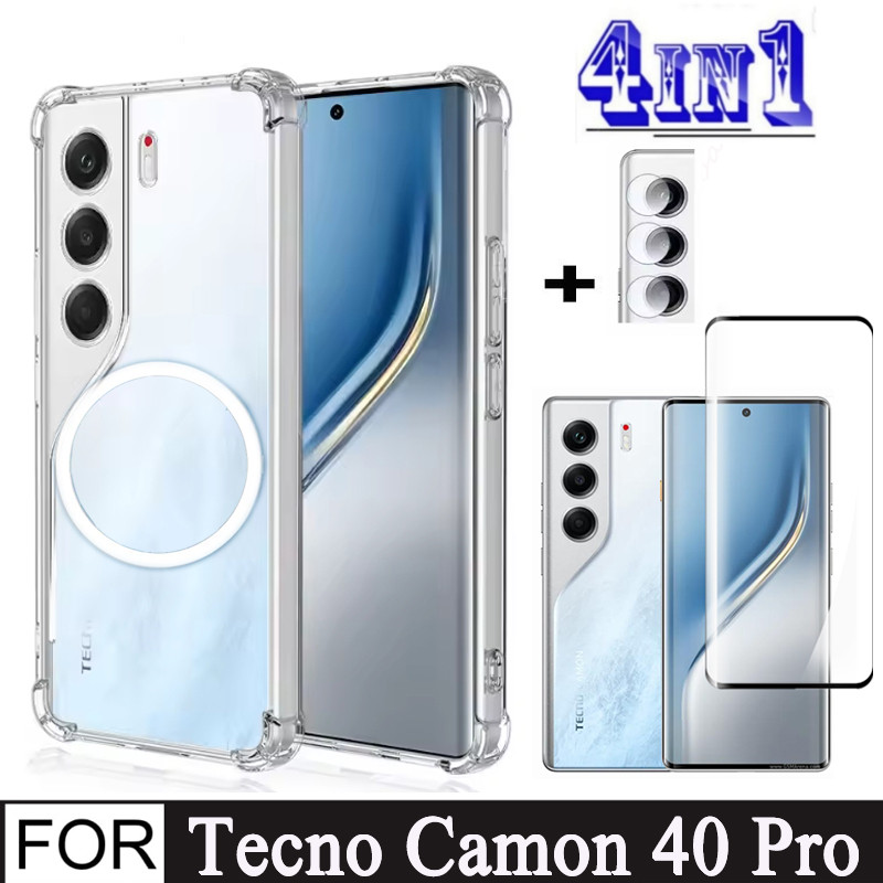 4in1 Tecno Camon 40Pro กรณีสติกเกอร์แม่เหล็กกันกระแทกเคสโทรศัพท์สําหรับ Tecno Camon40 40Pro 40Premier กระจกนิรภัยป้องกันหน้าจอฟิล์ม