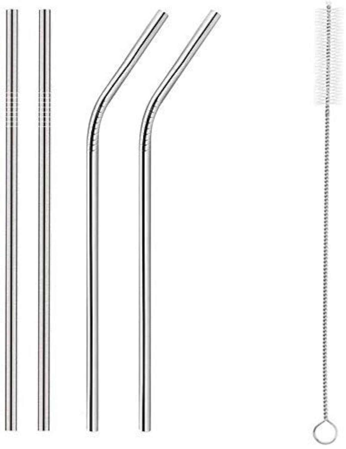 Reusable Stainless Steel Drinking Straws with Cleaning Brushes - 8.5 Inches, BPA-Free, Durable Metal, Thick and Long (Set of 3 Bent Straws, 3 Straight Straws, 1 Cleaning Brush)