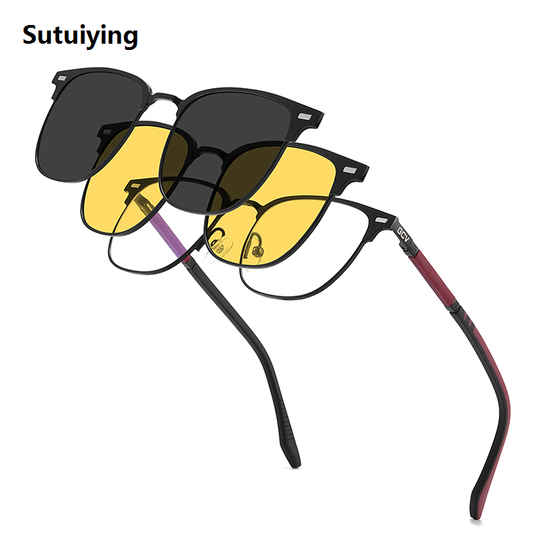 Sutuiying GCV Brand 3 In 1 Rectangle Spectacle Frame Men Women With Polarized 【2025 Version】 Sunglasses Magnetic Glasses Male Computer Optical New