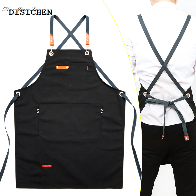 DISICHEN Hot Selling 2021 New Fashion Unisex Work Apron For Men Canvas Black Apron Bib Adjustable Cooking Kitchen Aprons For Woman With Tool Pockets