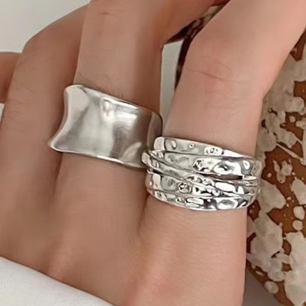 2pcs Simple Wide Curved Smooth Ring Silver Irregular Open Ring Adjustable Hip Hop Women Jewelry For Party Birthday Gift